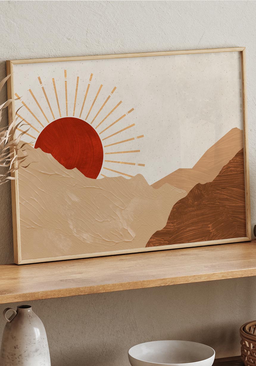 Poster roter Sonnentunergang im Gebirge No. 1 im Rahmen