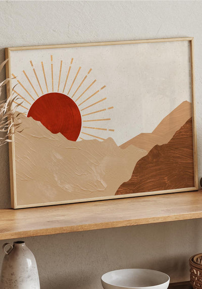 Poster roter Sonnentunergang im Gebirge No. 1 im Rahmen