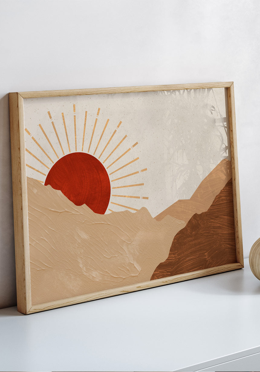 Poster roter Sonnentunergang im Gebirge No. 1 an weißer Wand