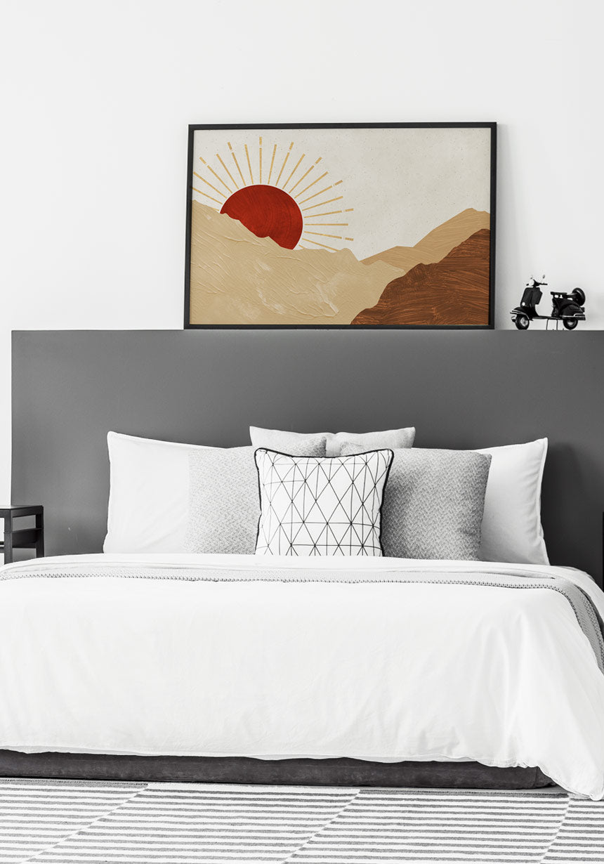 Poster roter Sonnentunergang im Gebirge No. 1 im Schlafzimmer
