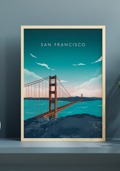 Poster San Francisco Illustration im hellen Holzrahmen