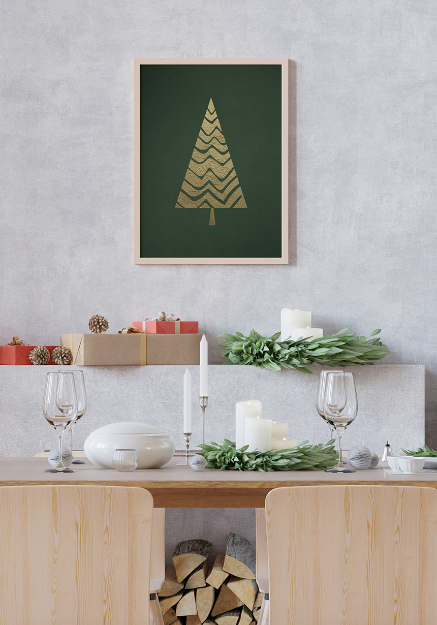 Poster Goldener Weihnachtsbaum im schwarzen Rahmen im Esszimmer