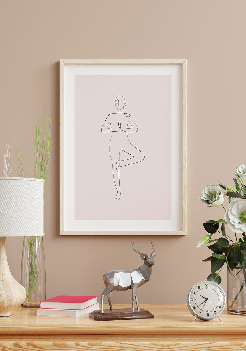 Poster Yoga Line Art Baum Pose rosa im Holzrahmen