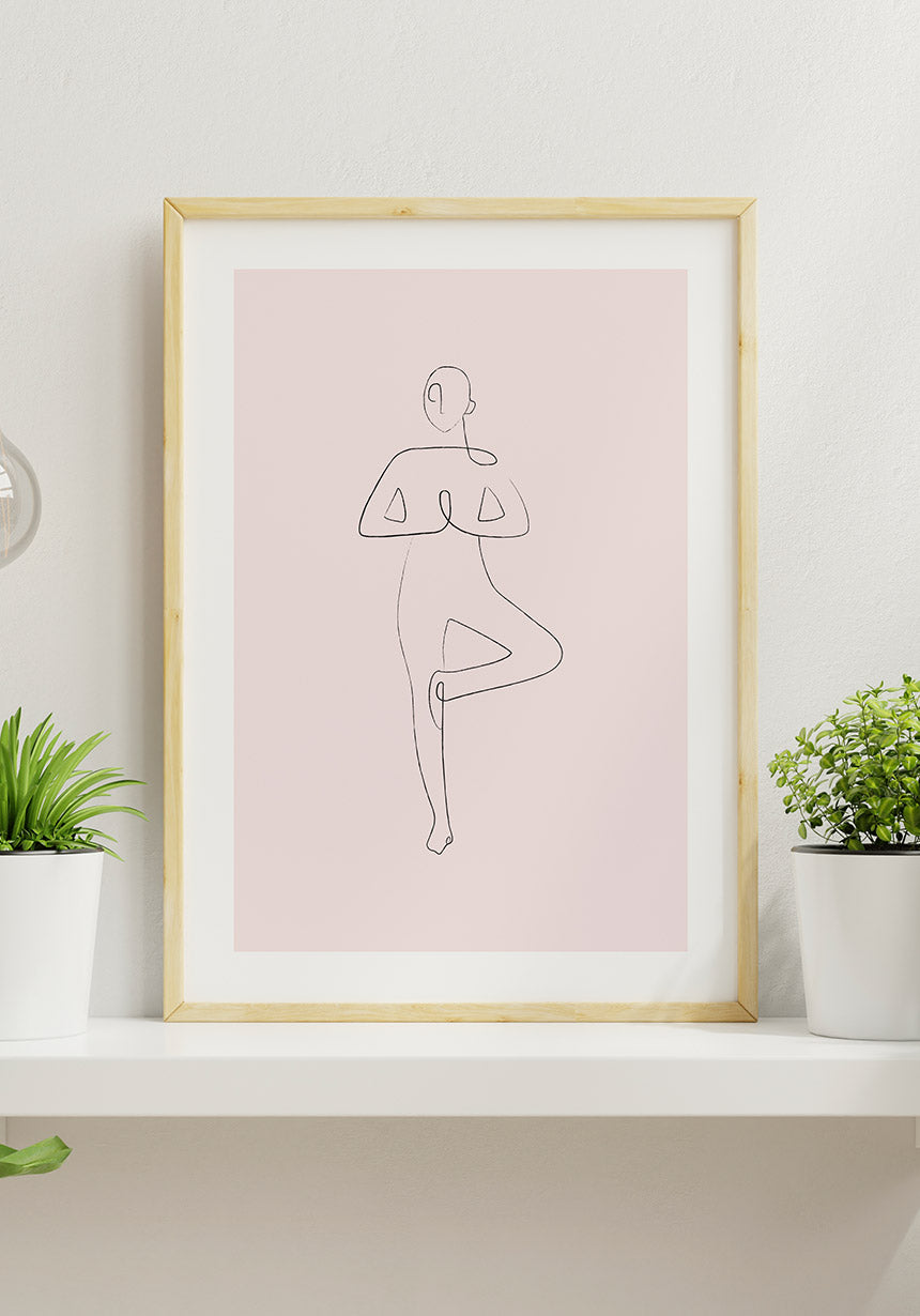 Poster Yoga Line Art Baum Pose rosa im Wohnzimmer