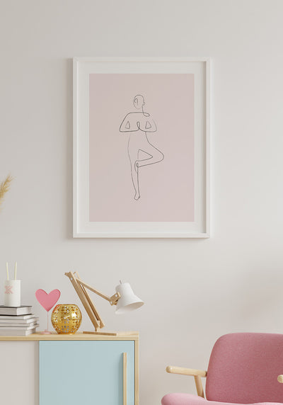 Poster Yoga Line Art Baum Pose rosa im Arbeitszimmer