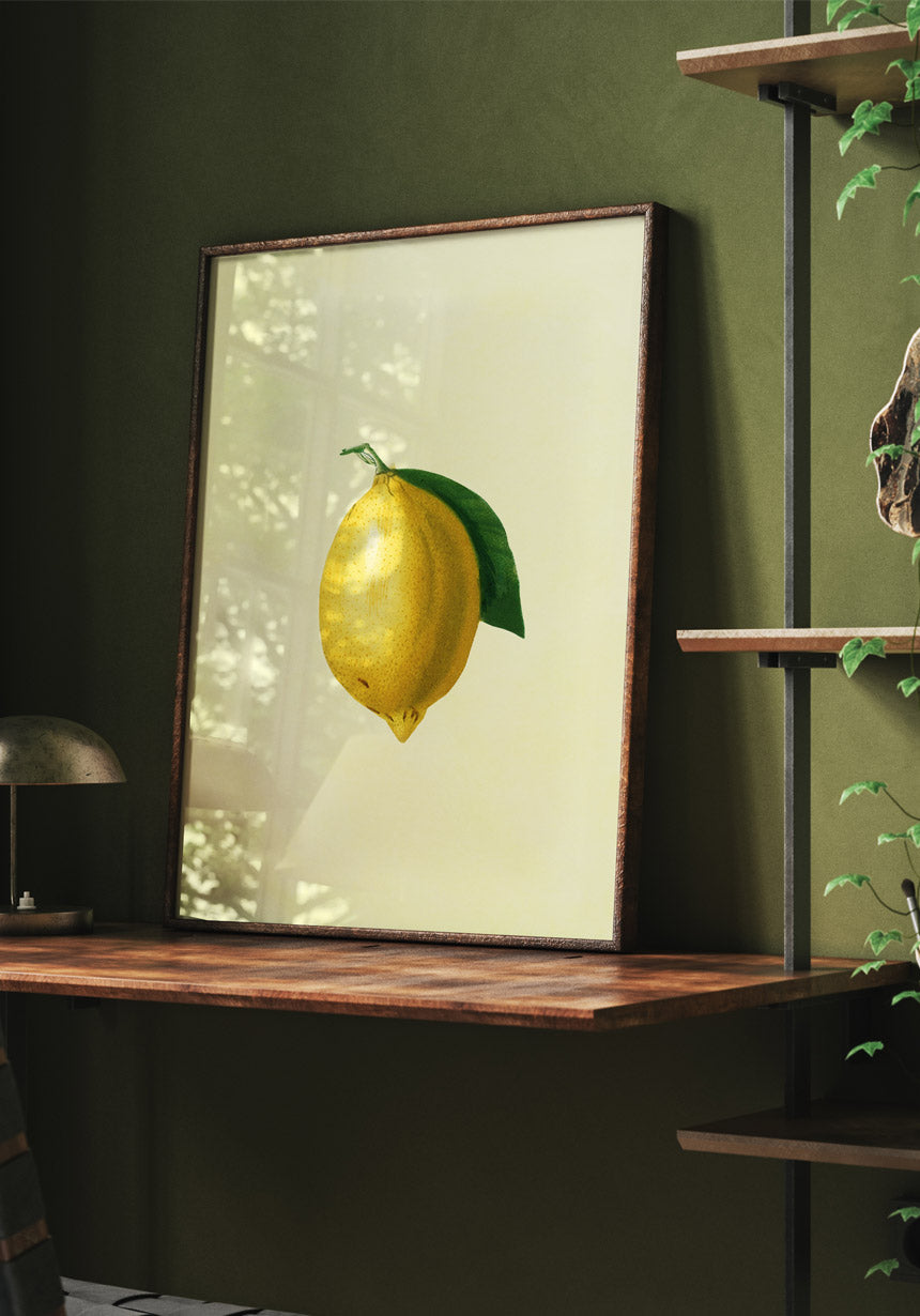 Poster Zitrone mit Blatt an grüner Wand