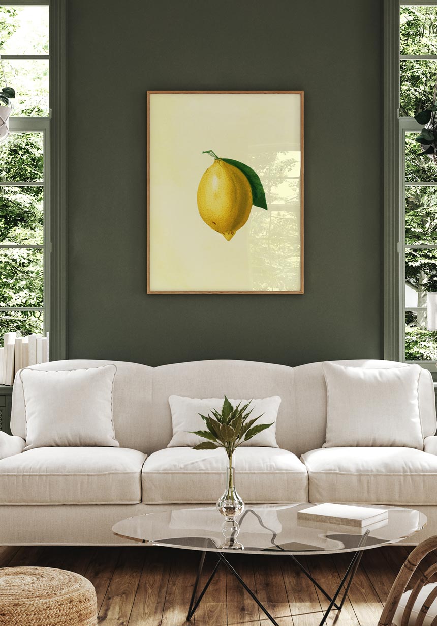 Poster Zitrone mit Blatt über dem Sofa