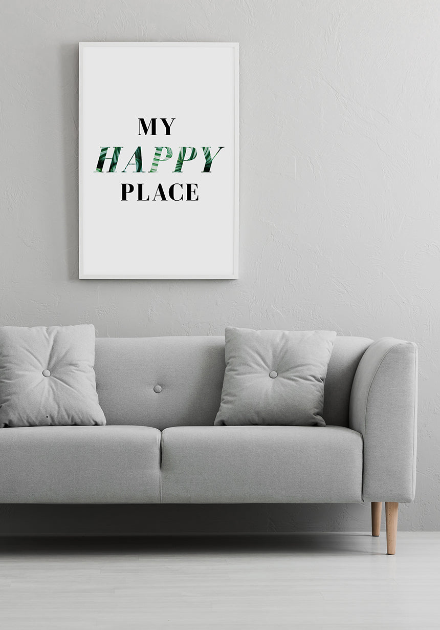 Typografie Poster my happy place über Sofa