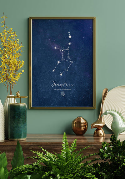 Sternzeichen Poster Illustration auf blauem Hintergrund im goldenen Rahmen