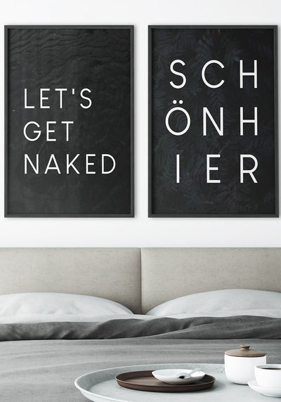 typografie-Poster lets get naked auf schwarz Bilderwand über Bett