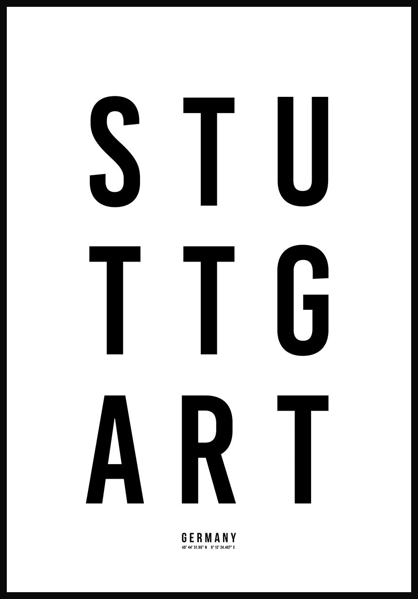 Stuttgart Typografie Poster schwarz weiß im Rahmen