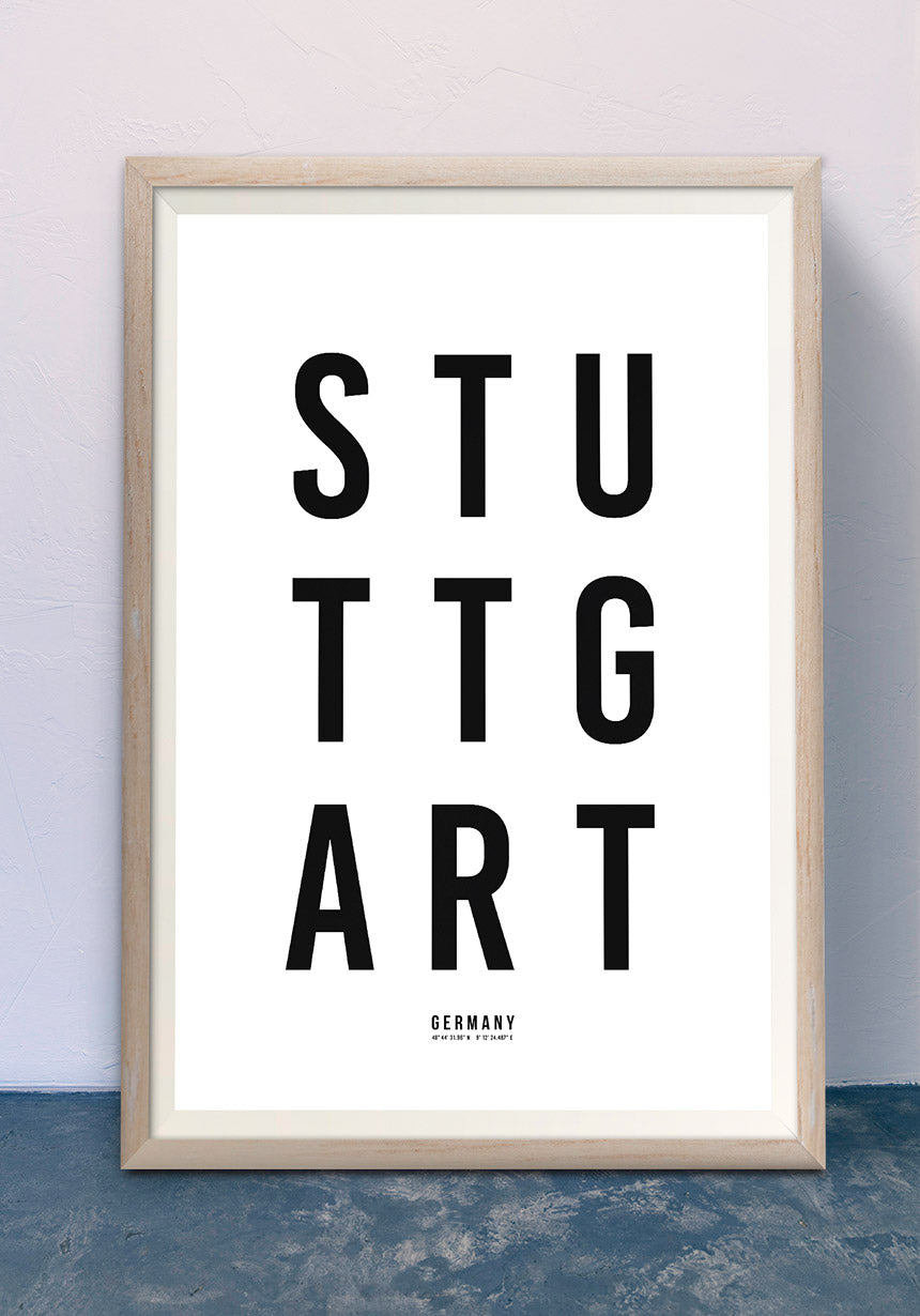 Stuttgart Typografie Poster schwarz weiß im Flur