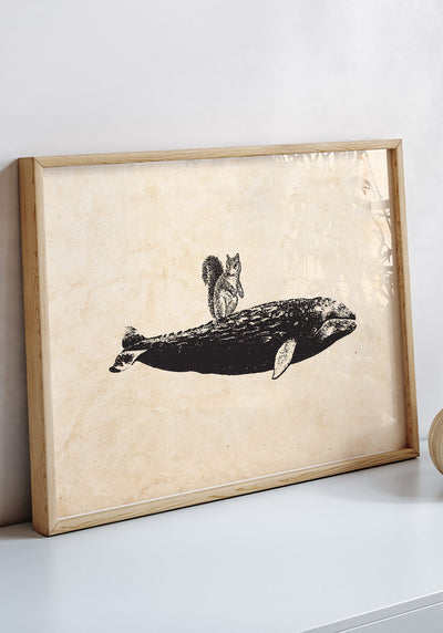 Vintage Poster Eichhörnchen auf Wal im Bilderrahmen