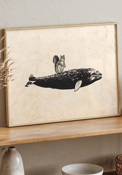 Vintage Poster Eichhörnchen auf Wal als Geschenk