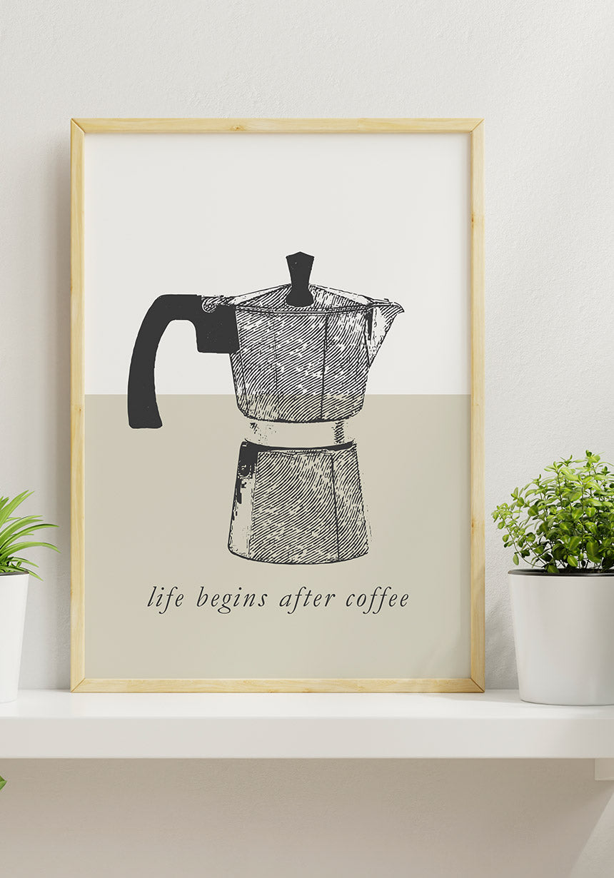 Vintage Poster Espressokanne life begins after coffee im Rahmen