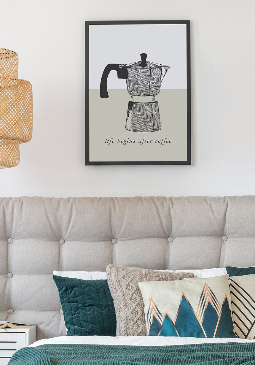 Vintage Poster Espressokanne life begins after coffee über Bett
