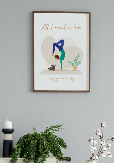 Yoga Poster Illustration Frau mit Hund im Rahmen