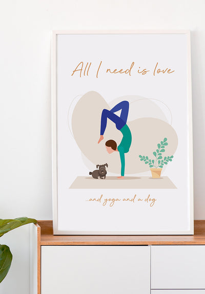 Yoga Poster Illustration Frau mit Hund auf Sideboard